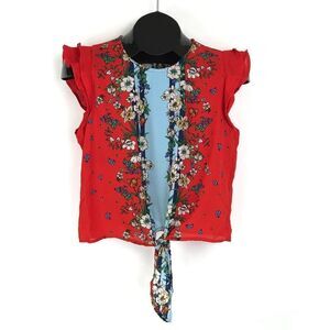 Twine & String Floral Tie Front Blouse Women’s Small Flutter Sleeves Keyhole
